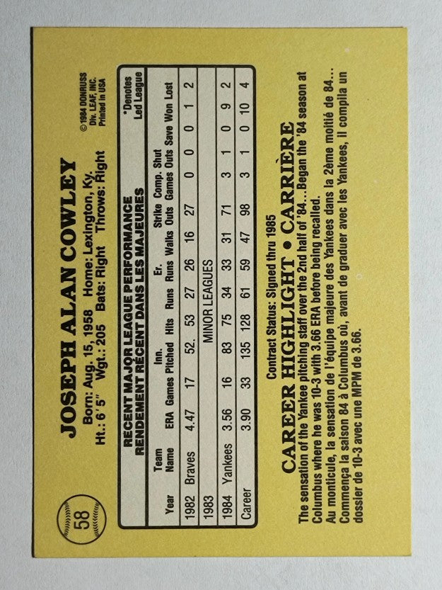 1985 Leaf/Donruss #58 Joe Cowley
