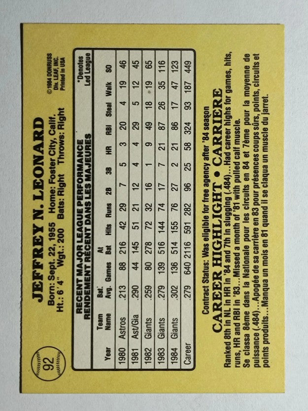 1985 Leaf/Donruss #92 Jeff Leonard