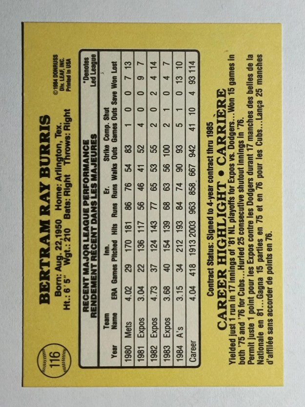 1985 Leaf/Donruss #116 Ray Burris
