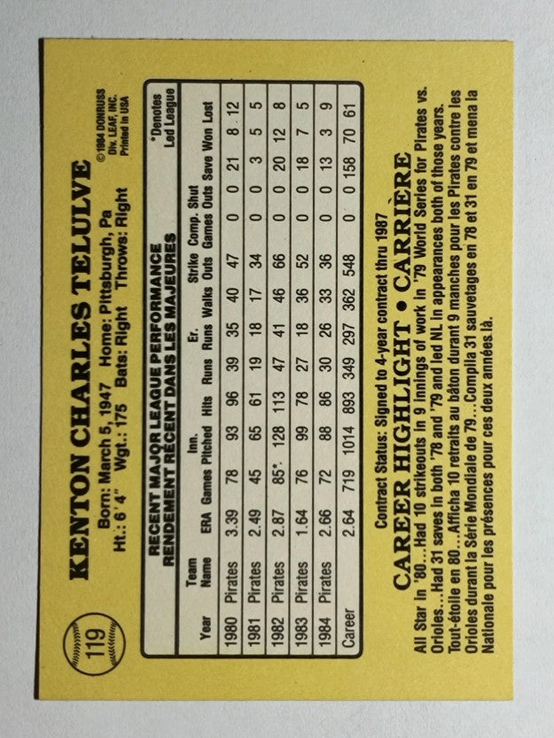 1985 Leaf/Donruss #119 Kent Tekulve