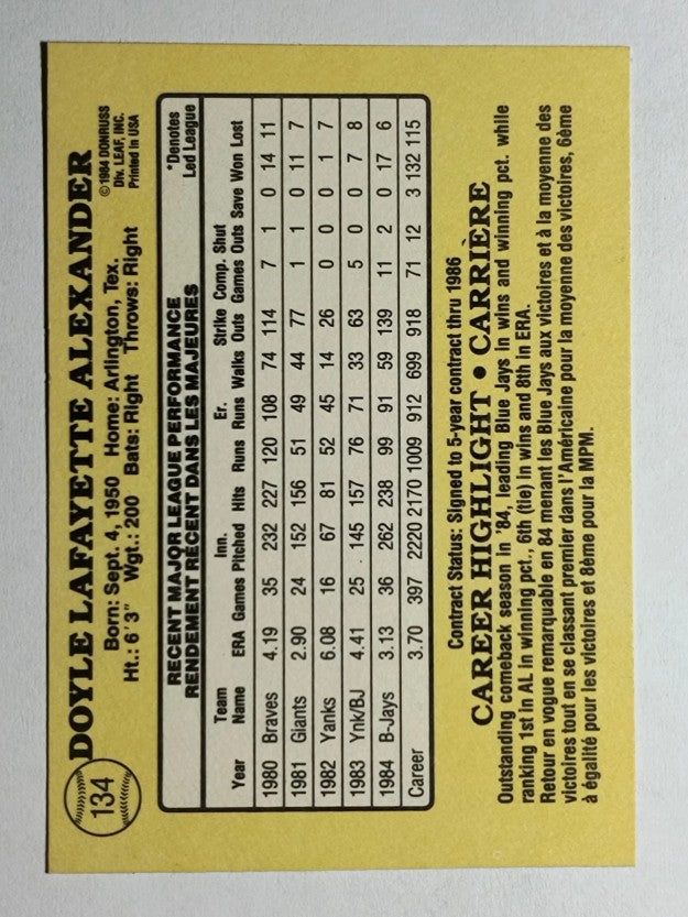 1985 Leaf/Donruss #134 Doyle Alexander