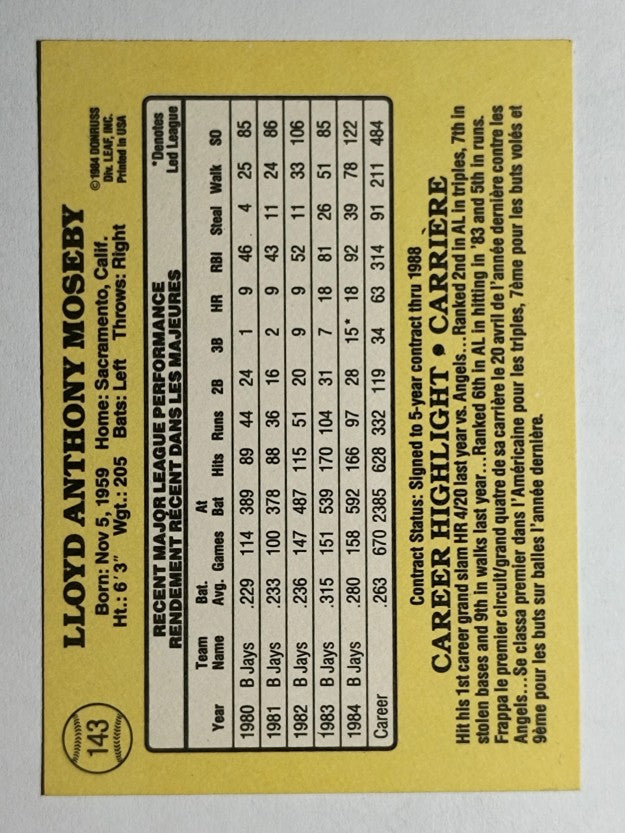 1985 Leaf/Donruss #143 Lloyd Moseby