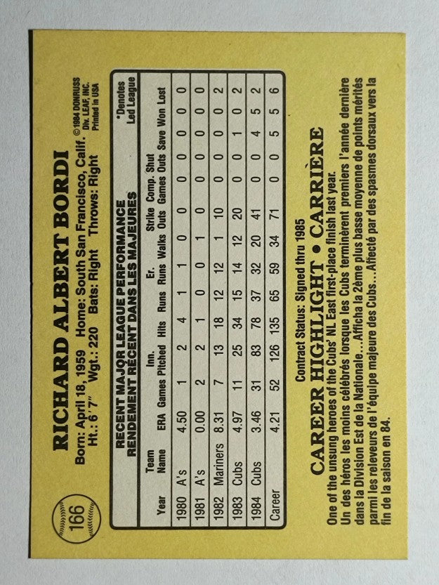 1985 Leaf/Donruss #166 Rich Bordi