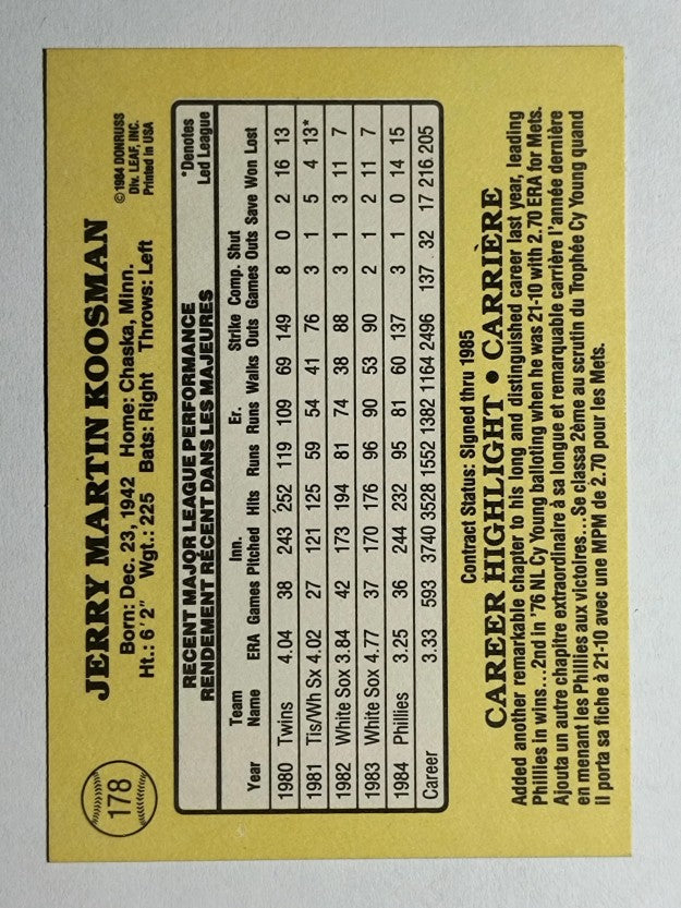 1985 Leaf/Donruss #178 Jerry Koosman