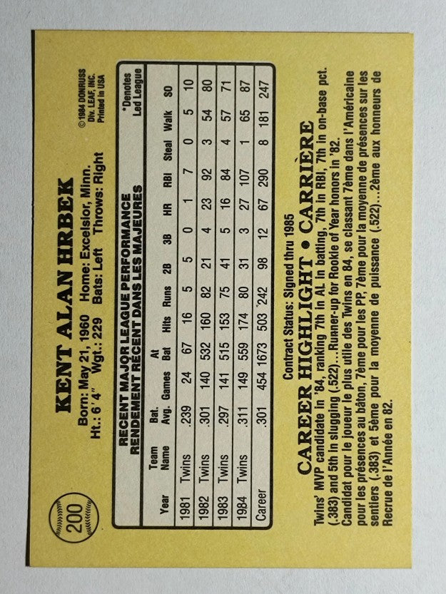 1985 Leaf/Donruss #200 Kent Hrbek