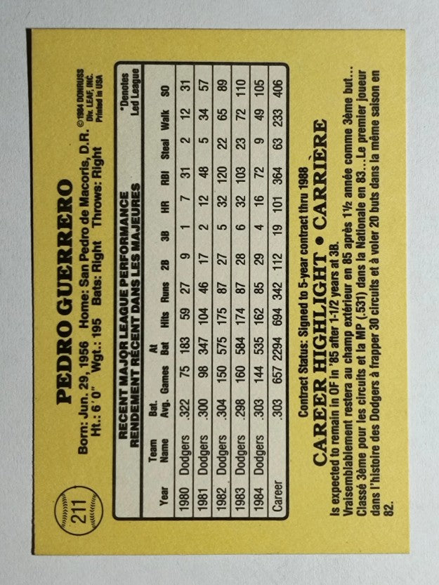 1985 Leaf/Donruss #211 Pedro Guerrero
