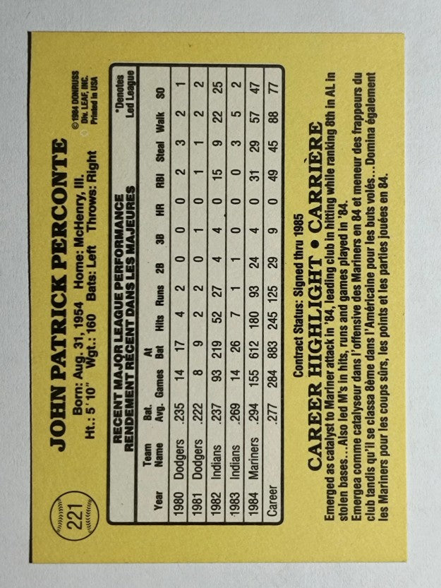 1985 Leaf/Donruss #221 Jack Perconte
