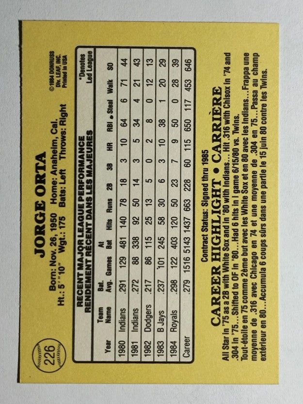 1985 Leaf/Donruss #226 Jorge Orta