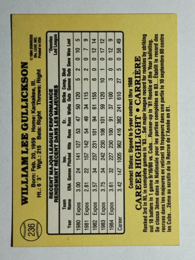 1985 Leaf/Donruss #236 Bill Gullickson