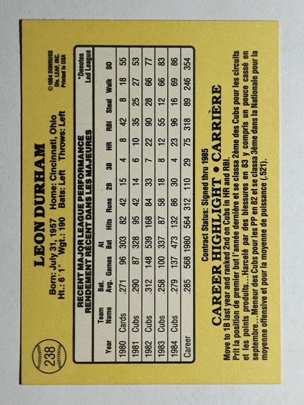 1985 Leaf/Donruss #238 Leon Durham