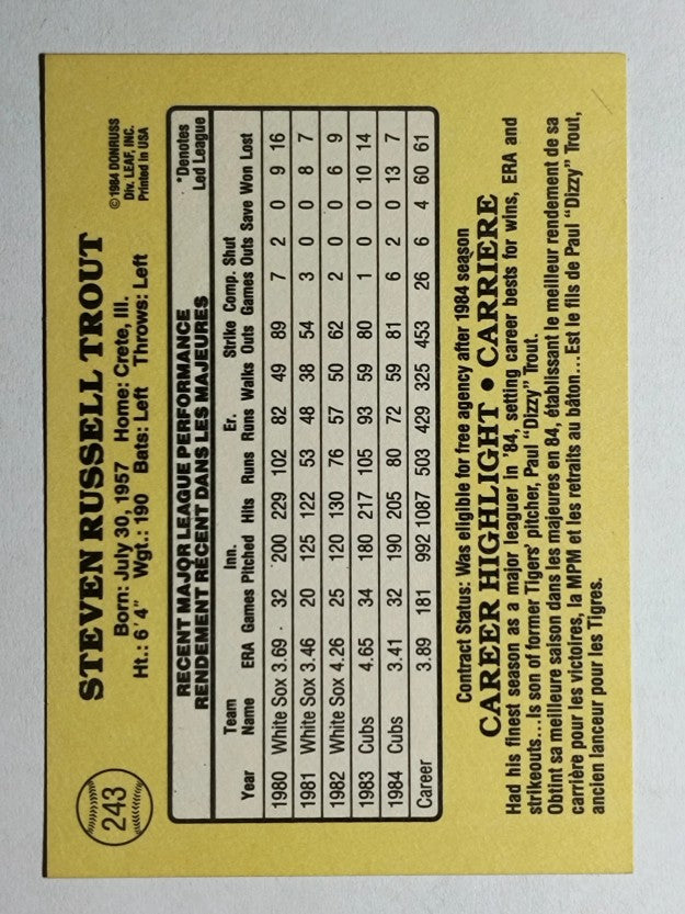1985 Leaf/Donruss #243 Steve Trout