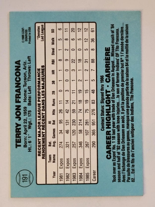 1986 Leaf/Donruss #191 Terry Francona