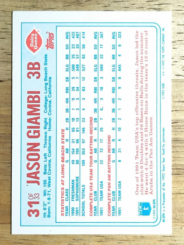 1992 Topps Dairy Queen Team USA #31 Jason Giambi (EXMT)