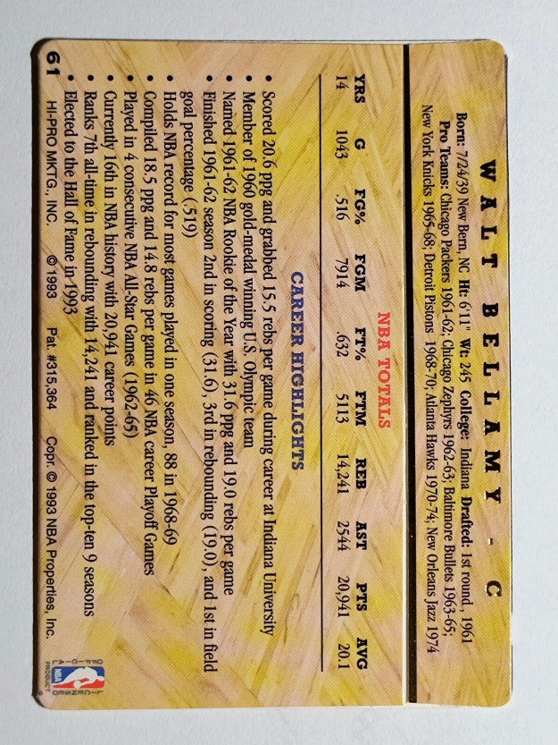 1993 Action Packed Hall of Fame #61 Walt Bellamy