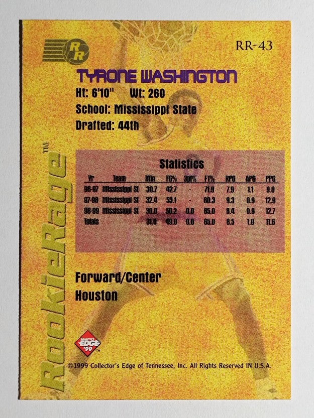1999 Collector's Edge Rookie Rage #RR43 Tyrone Washington
