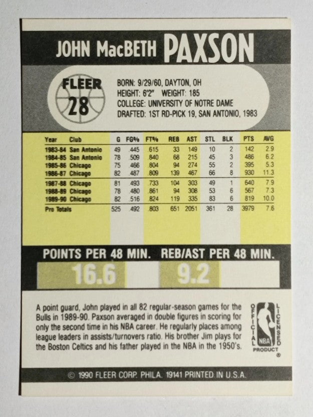 1990-91 Fleer #28 John Paxson