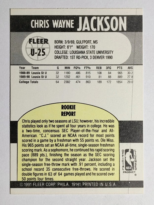 1990-91 Fleer Update #U25 Chris Jackson RC