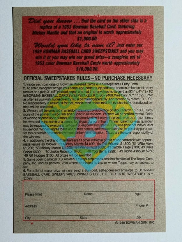 1989 Bowman Reprint Inserts #6 Mickey Mantle 53