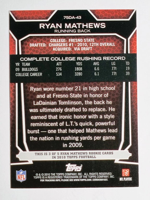 2010 Topps Draft 75th Anniversary #75DA43 Ryan Mathews