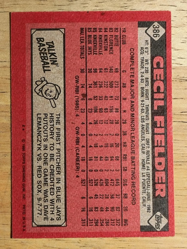 1986 Topps #386 Cecil Fielder RC