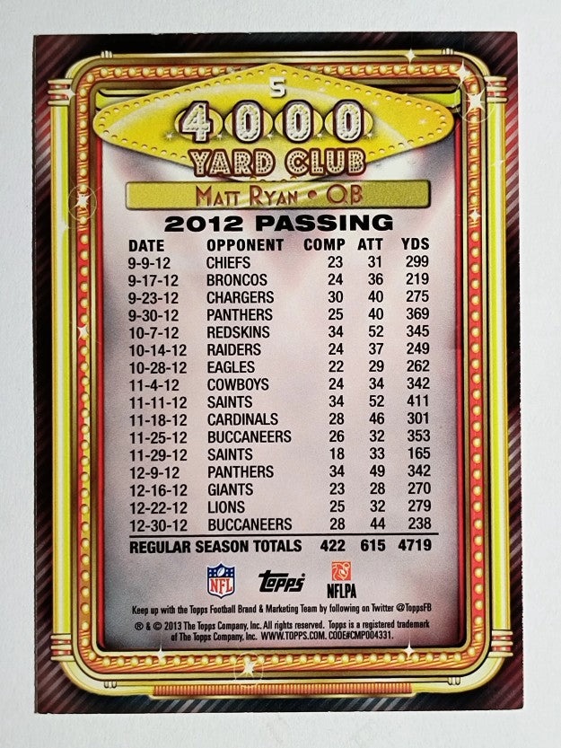 2013 Topps 4000 Yard Club #5 Matt Ryan