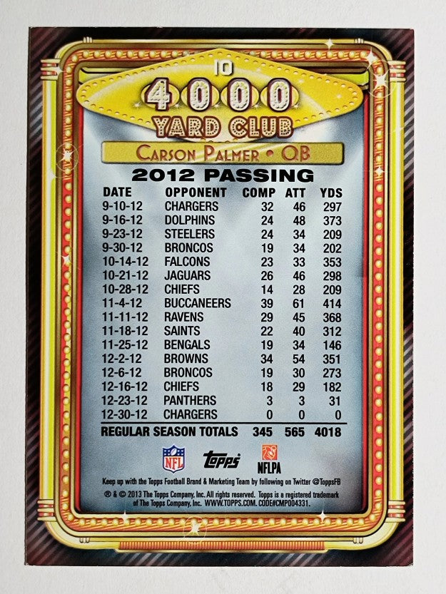 2013 Topps 4000 Yard Club #10 Carson Palmer