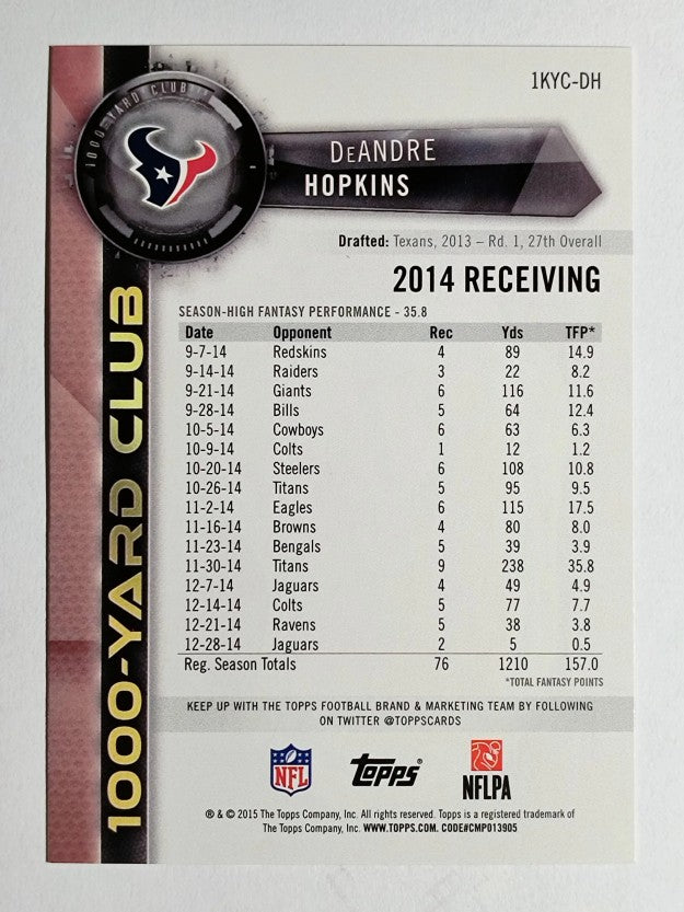 2015 Topps 1000 Yard Club #1KYCDH DeAndre Hopkins