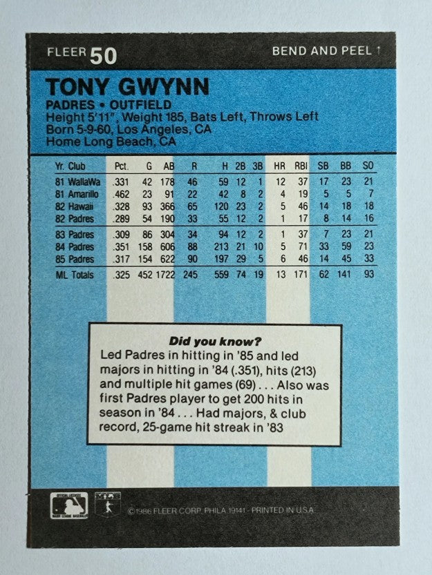 1986 Fleer Star Stickers #50 Tony Gwynn