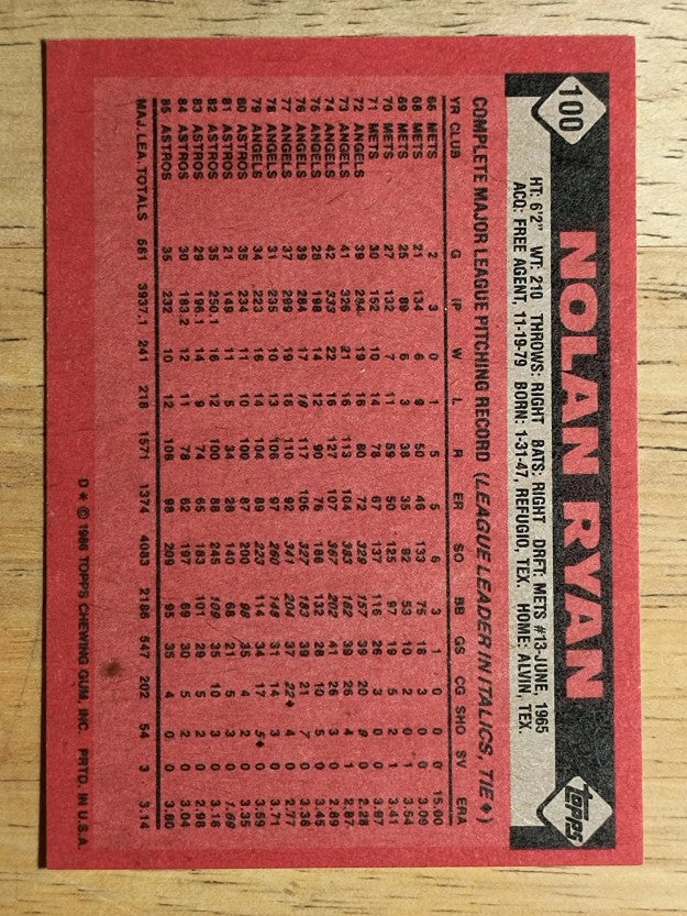 1986 Topps #100 Nolan Ryan
