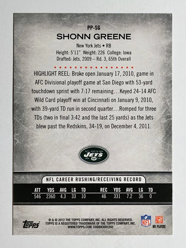 2012 Topps Prolific Playmakers #PPSG Shonn Greene