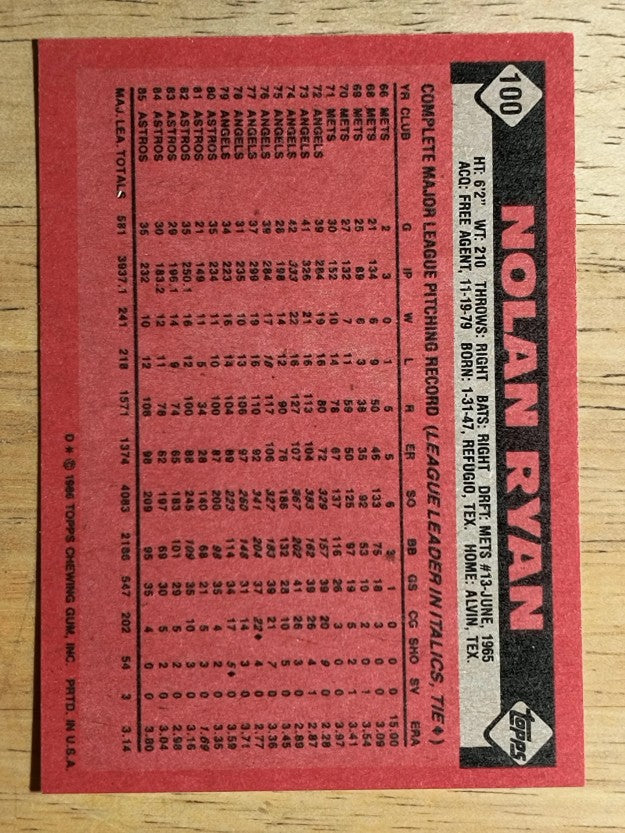 1986 Topps #100 Nolan Ryan