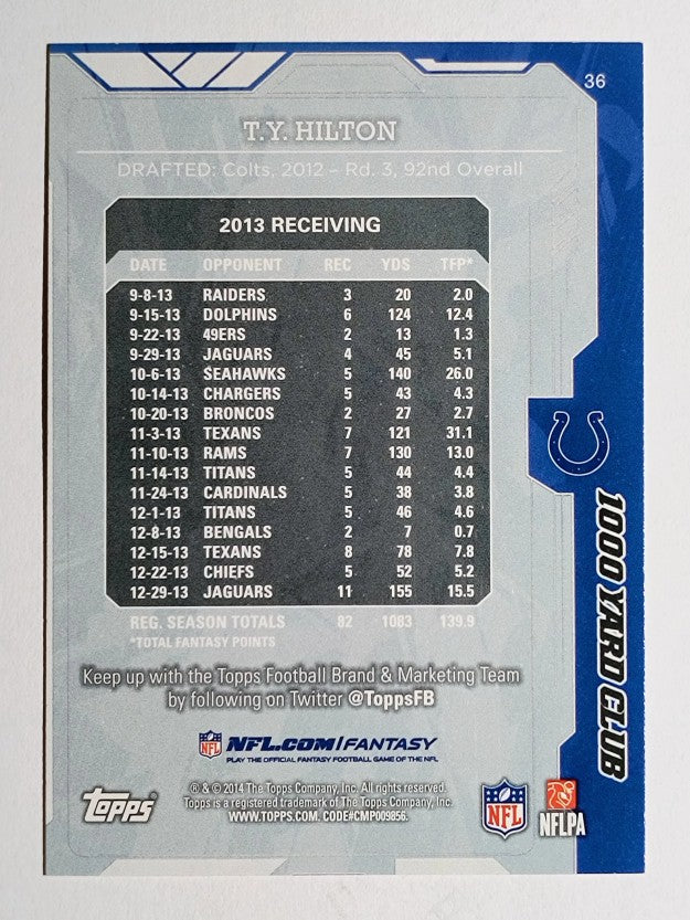 2014 Topps 1000 Yard Club #36 T.Y. Hilton