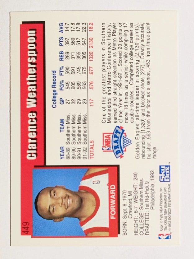 1992-93 Hoops #449 Clarence Weatherspoon RC