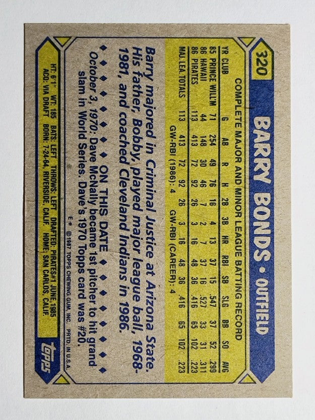 1987 Topps #320 Barry Bonds RC (EXMT)