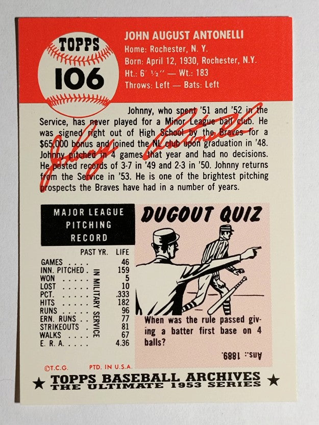 1991 Topps Archives '53 #106 Johnny Antonelli