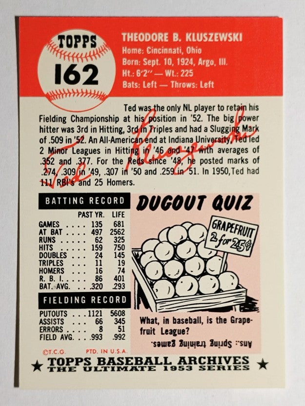 1991 Topps Archives '53 #162 Ted Kluszewski