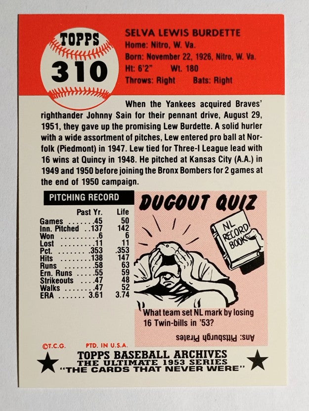 1991 Topps Archives '53 #310 Lew Burdette