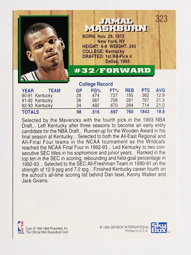 1993-94 Hoops #323 Jamal Mashburn RC
