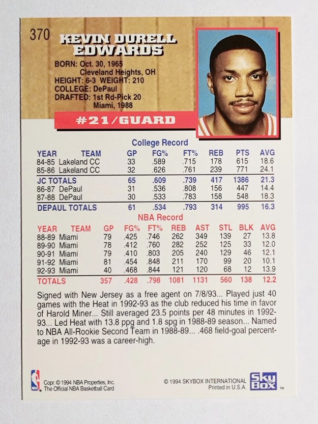 1993-94 Hoops #370 Kevin Edwards
