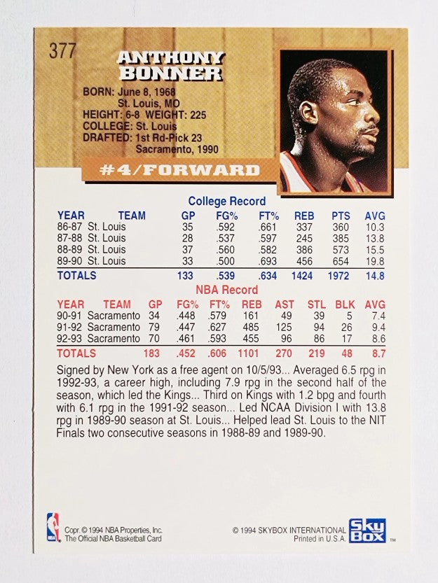 1993-94 Hoops #377 Anthony Bonner