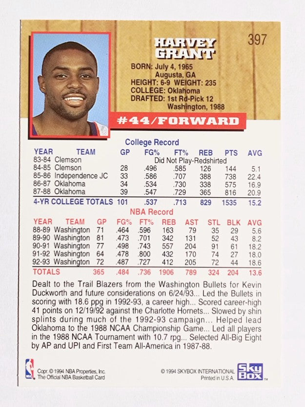 1993-94 Hoops #397 Harvey Grant