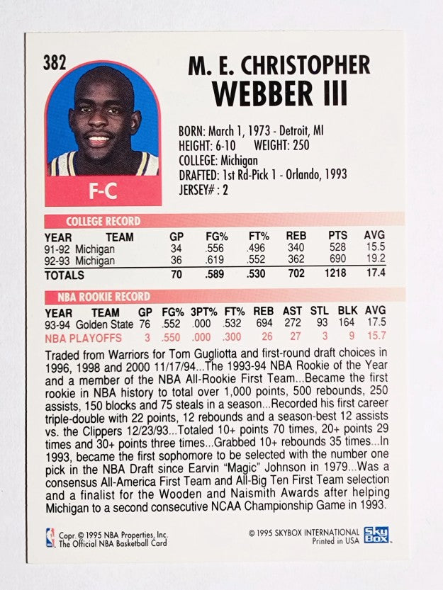 1994-95 Hoops #382 Chris Webber