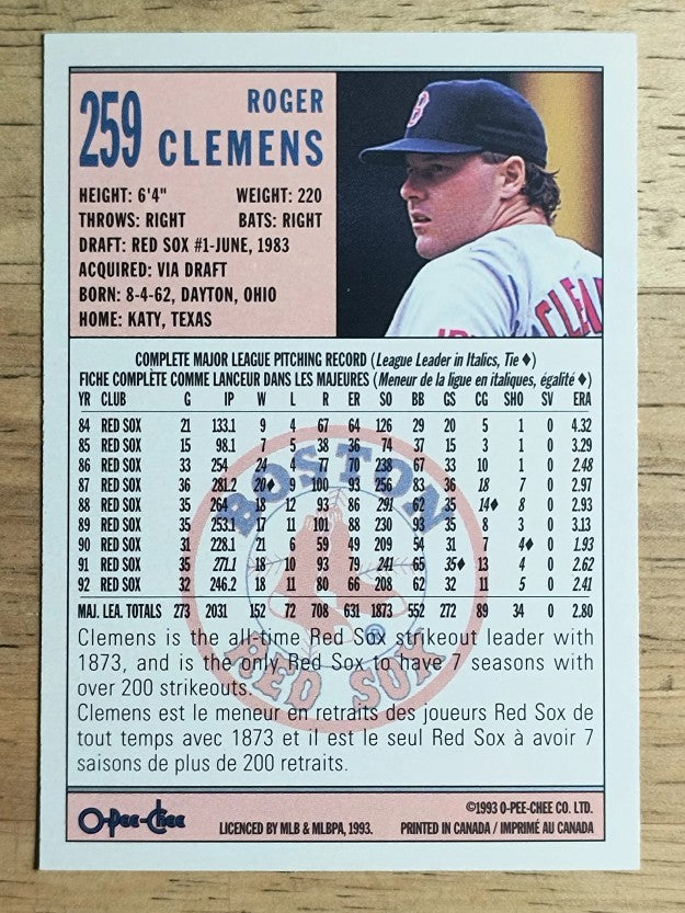 1993 O-Pee-Chee #259 Roger Clemens