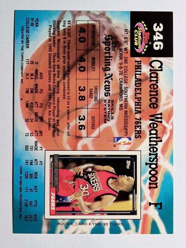 1992-93 Stadium Club #346 Clarence Weatherspoon RC
