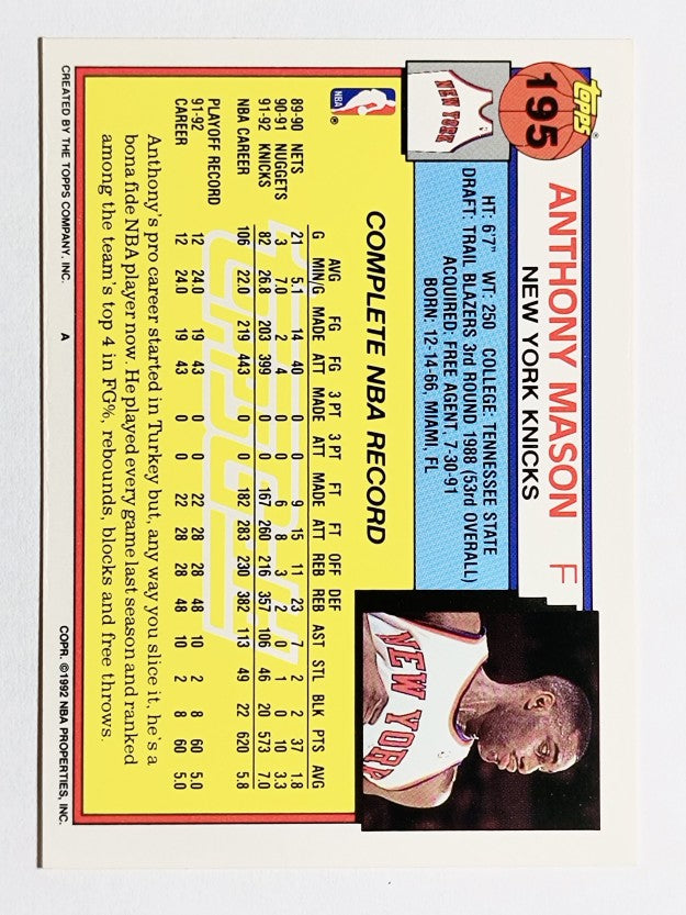 1992-93 Topps Gold #195 Anthony Mason