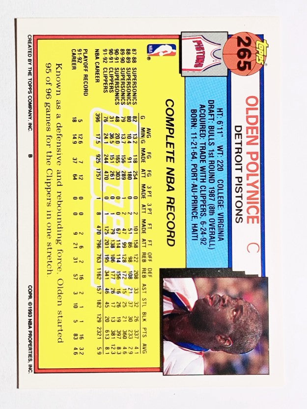1992-93 Topps Gold #265 Olden Polynice