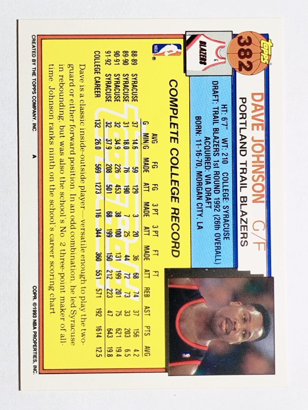 1992-93 Topps Gold #382 Dave Johnson
