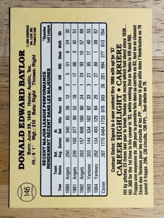 1985 Leaf/Donruss #146 Don Baylor