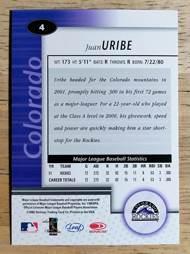 2002 Leaf Certified #4 Juan Uribe