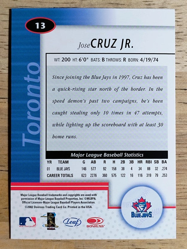 2002 Leaf Certified #13 Jose Cruz Jr.